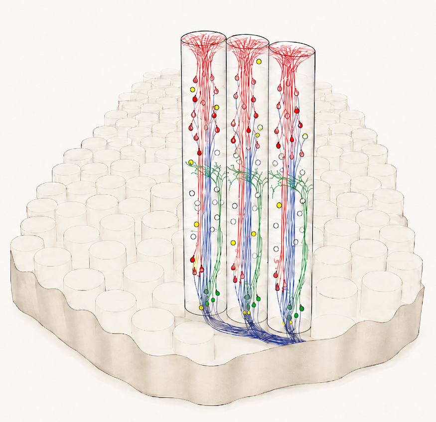 3D rendering of a hexagonal array of cortical minicolumns tiling the cortical sheet, with three highlighted columns rendered in detail.
