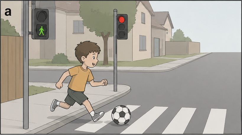 A child chases a ball toward the crossing.